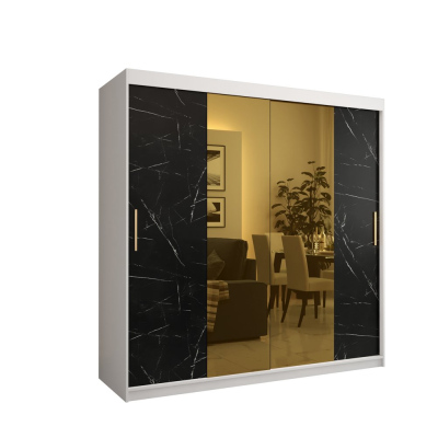 Designer-Kleiderschrank mit goldenem Spiegel MADLA 1 – Breite 200 cm, Weiß / Schwarz