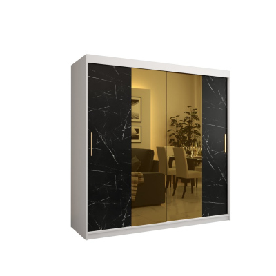 Designer-Kleiderschrank mit goldenem Spiegel MADLA 1 – Breite 200 cm, Weiß / Schwarz
