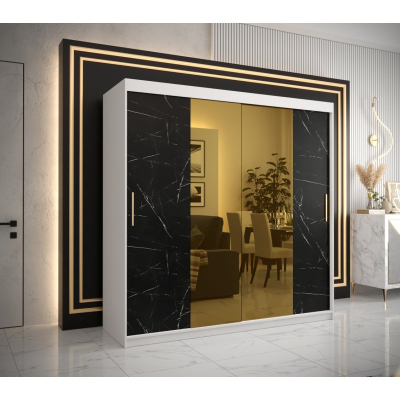 Designer-Kleiderschrank mit goldenem Spiegel MADLA 1 – Breite 200 cm, Weiß / Schwarz
