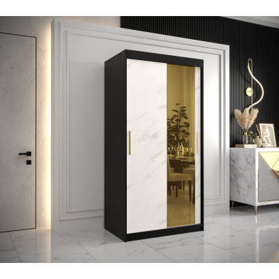 Designer-Kleiderschrank mit goldenem Spiegel MADLA 2 – Breite 100 cm, Schwarz / Weiß