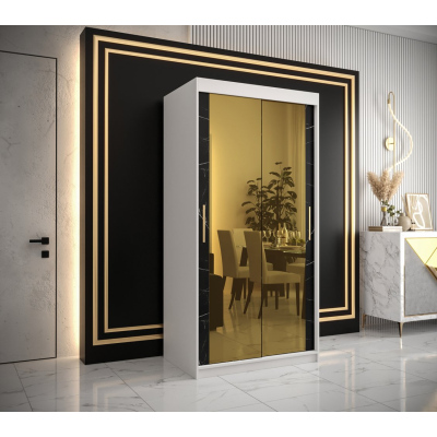Designer-Kleiderschrank mit goldenem Spiegel MADLA 3 – Breite 100 cm, Weiß / Schwarz