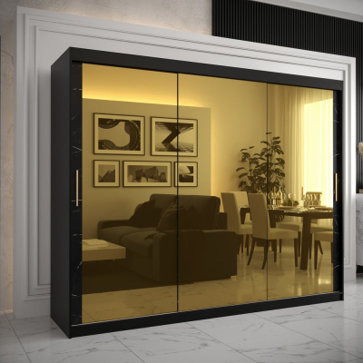 Designer-Kleiderschrank mit goldenem Spiegel MADLA 3 – Breite 250 cm, Schwarz