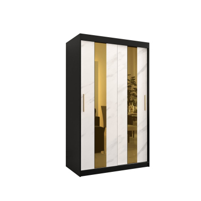 Designer-Kleiderschrank mit goldenem Spiegel MADLA 4 – Breite 120 cm, Schwarz / Weiß