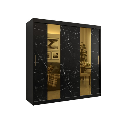 Designer-Kleiderschrank mit goldenem Spiegel MADLA 4 – Breite 200 cm, Schwarz