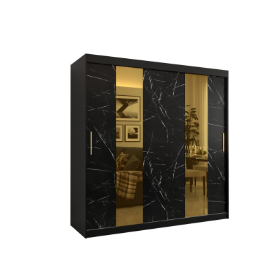Designer-Kleiderschrank mit goldenem Spiegel MADLA 4 – Breite 200 cm, Schwarz