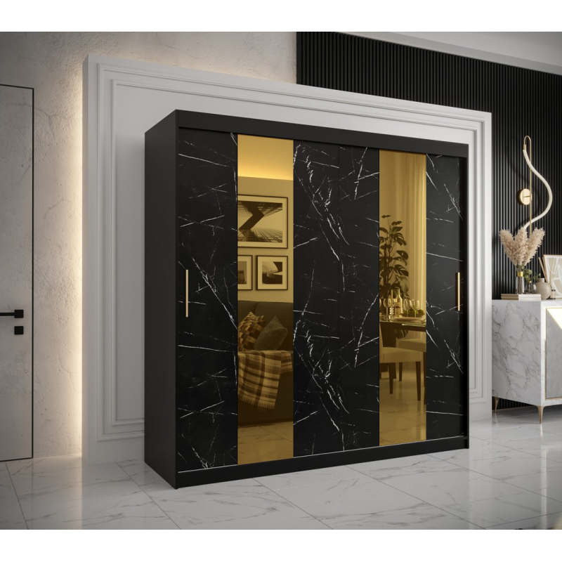 Designer-Kleiderschrank mit goldenem Spiegel MADLA 4 – Breite 200 cm, Schwarz