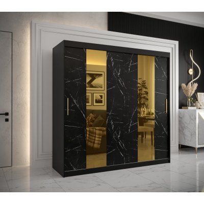 Designer-Kleiderschrank mit goldenem Spiegel MADLA 4 – Breite 200 cm, Schwarz