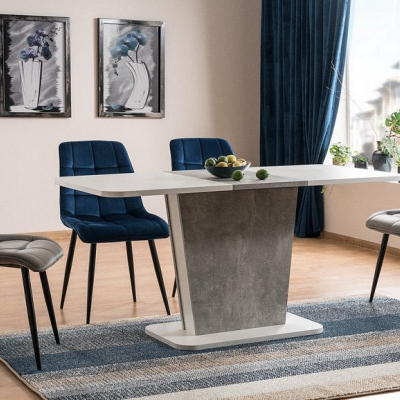 Ausziehbarer Esstisch FERKO – 110x68 cm, mattweiß/grauer Beton