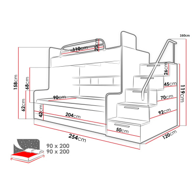 Kinderhochbett RENI 2 – 90x200, Weiß / Grau