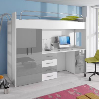 Bett mit Schreibtisch für Kinderzimmer RENI 4 – 80x200, weiß/grau
