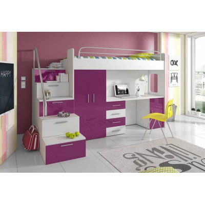 Kinderhochbett mit Schreibtisch RENI 4 – 80x200, Weiß / Lila