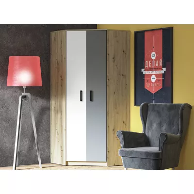 Eckschrank KARIS – Breite 82 cm, Weiß / Anthrazit / Eiche (handwerklich)