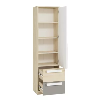 Schmaler Regalschrank INNES – Breite 55 cm, Fjordbuche / Weiß / Platingrau