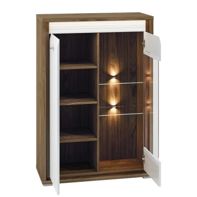 Vitrine mit Glasteil HANILA – Walnuss/Hochglanzweiß