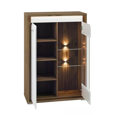Vitrine mit Glasteil HANILA – Walnuss/Hochglanzweiß