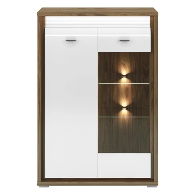 Vitrine mit Glasteil HANILA – Walnuss/Hochglanzweiß