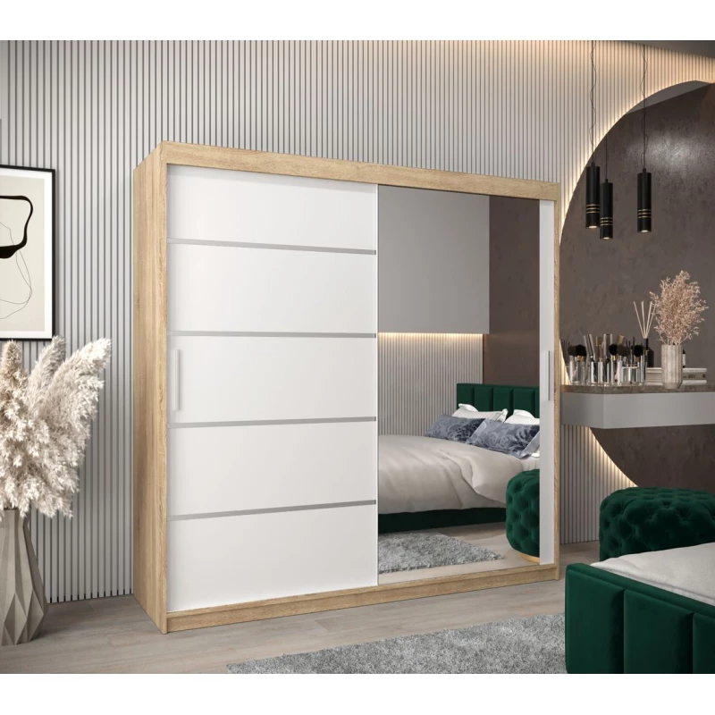 Spiegel-Kleiderschrank ADELA – 200 cm, Eiche sonoma / weiß