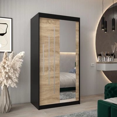 Kleiderschrank mit Spiegel EVA – Breite 100 cm, Schwarz/Sonoma-Eiche