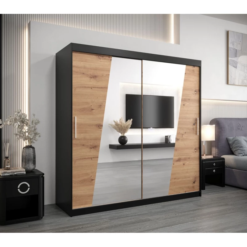 Kleiderschrank ESTER – Breite 200 cm, schwarz / Eiche artisan