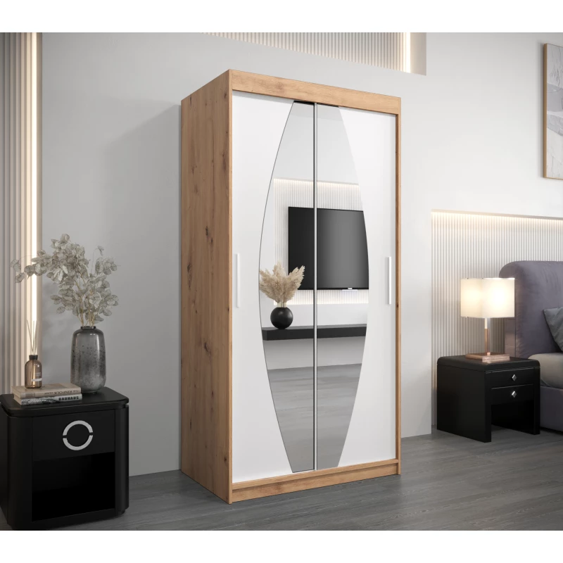 Kleiderschrank mit Spiegeln TAMARA – Breite 100 cm, Eiche artisan / weiß