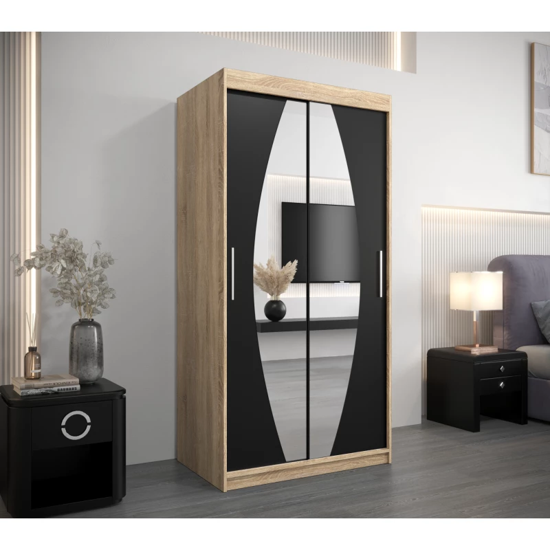 Kleiderschrank mit Spiegeln TAMARA – Breite 100 cm, Eiche sonoma / schwarz
