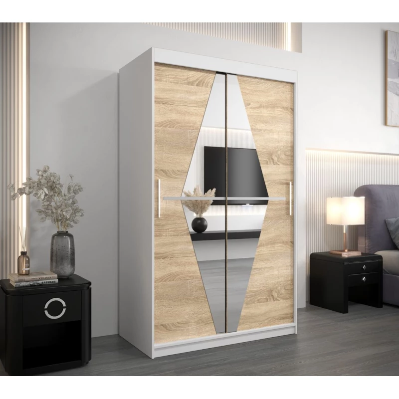 Kleiderschrank mit Spiegel KAMILA – Breite 120 cm, weiß/sonoma Eiche