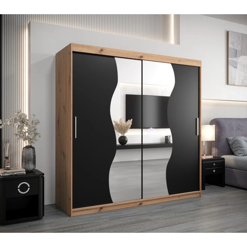 Kleiderschrank ROZALIE – Breite 200 cm, Eiche artisan / schwarz