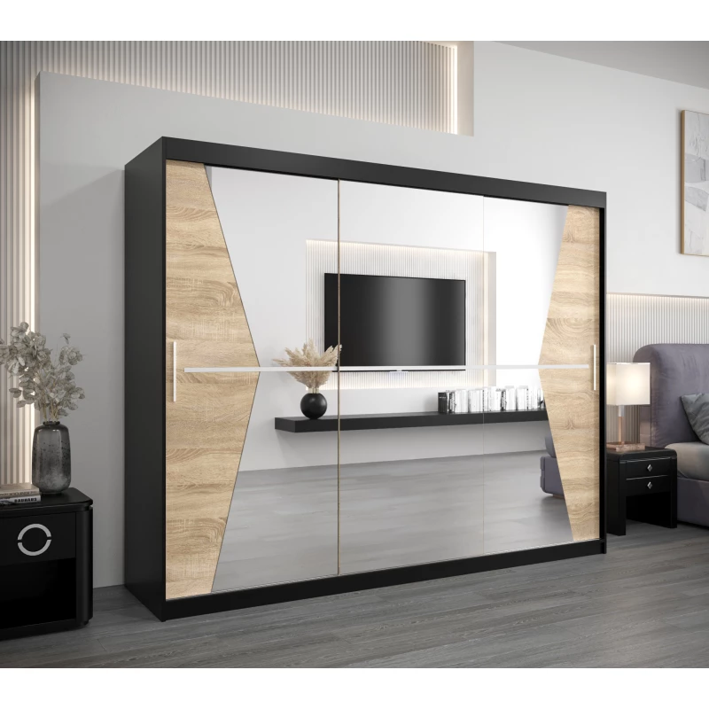 Schwebetürenschrank MILANA – Breite 250 cm, Schwarz / Eiche Sonoma