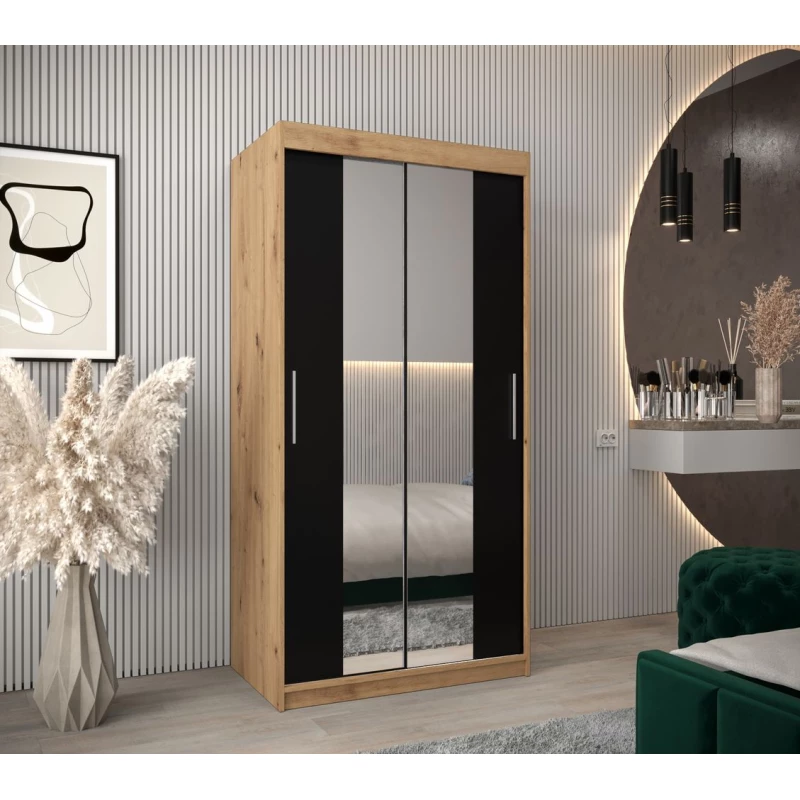 Schwebetürenschrank mit einer Breite von 100 cm TIMEA 1 – Eiche Artisan / Schwarz