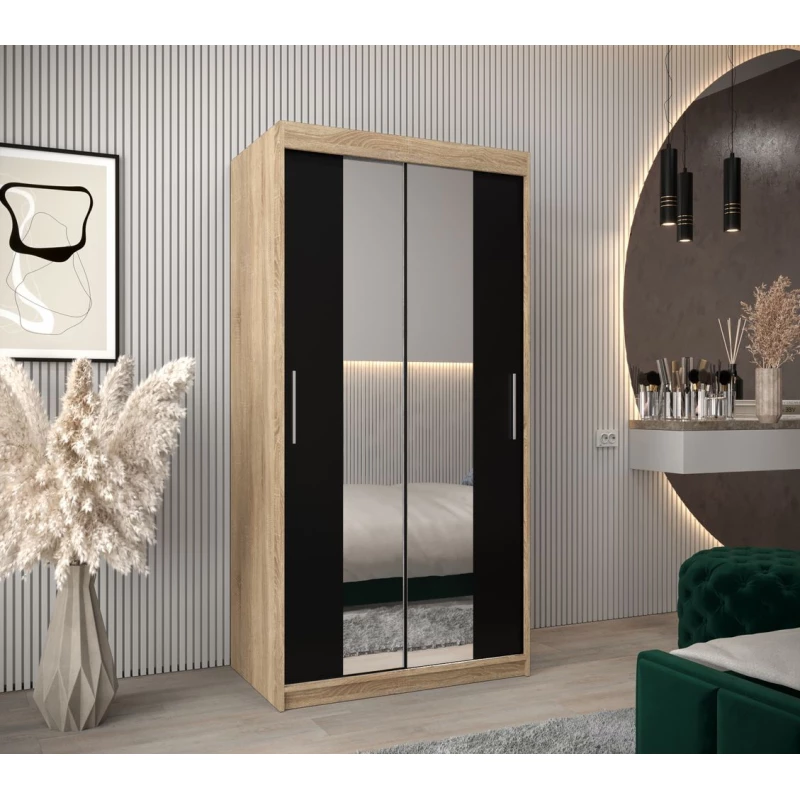 Schwebetürenschrank mit einer Breite von 100 cm TIMEA 1 – Eiche Sonoma / Schwarz