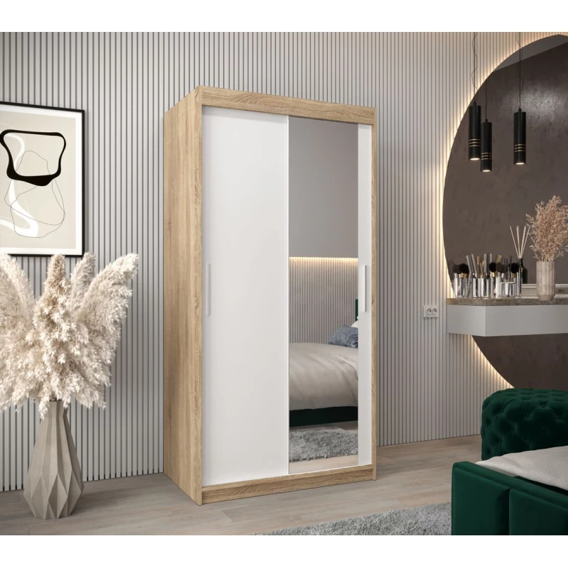 Schwebetürenschrank mit einer Breite von 100 cm TIMEA 2 – Eiche Sonoma / Weiß