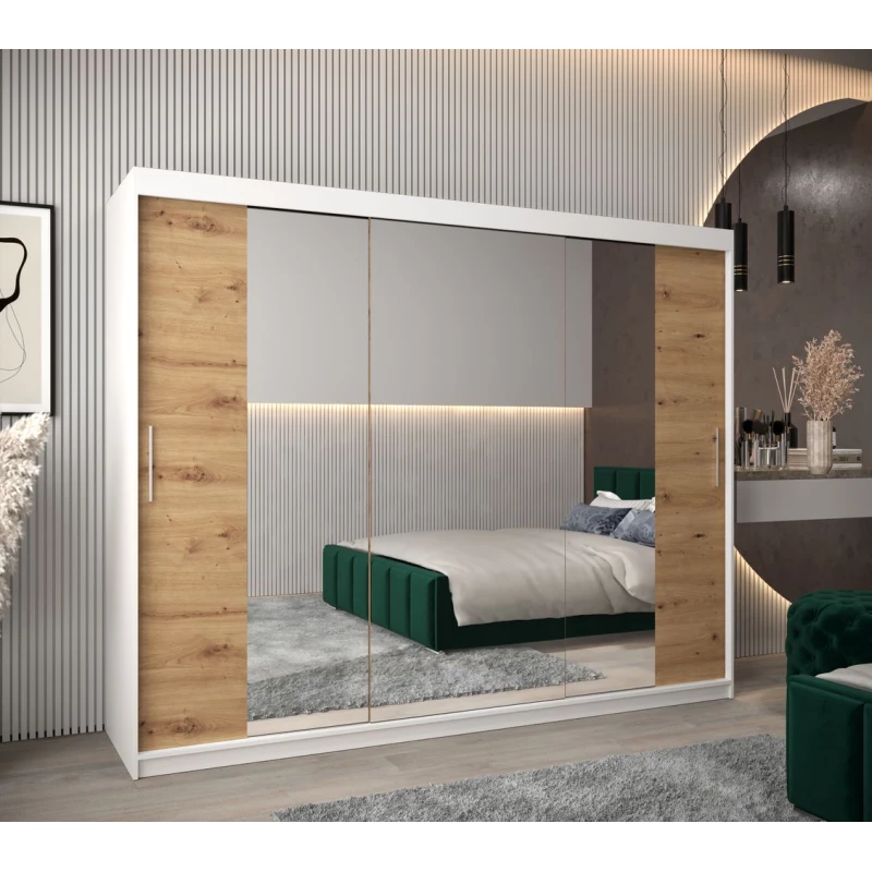 Schwebetürenschrank mit einer Breite von 250 cm TIMEA 2 – Weiß / Eiche Artisan