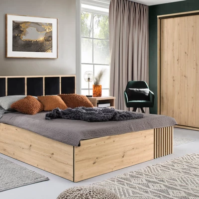 Bett mit gepolsterten Paneelen AIMY – 140 x 200 cm, Eiche, handgefertigt