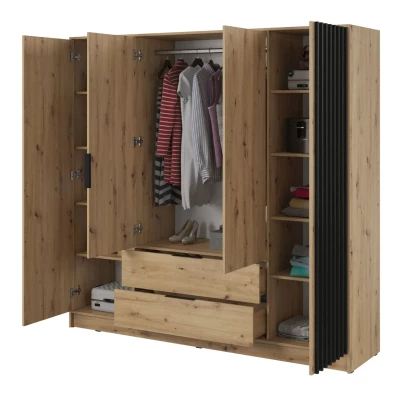 Viertüriger Kleiderschrank MARFA – Breite 206 cm, Eiche handwerklich / Schwarz