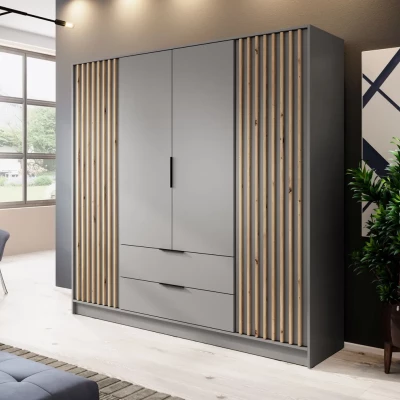 Viertüriger Kleiderschrank MARFA – Breite 206 cm, Grau/Eiche handwerklich.