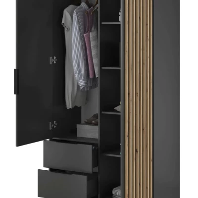 Zweitüriger Kleiderschrank mit Spiegel MARFA – Breite 105 cm, Graphit/Eiche handwerklich gefertigt