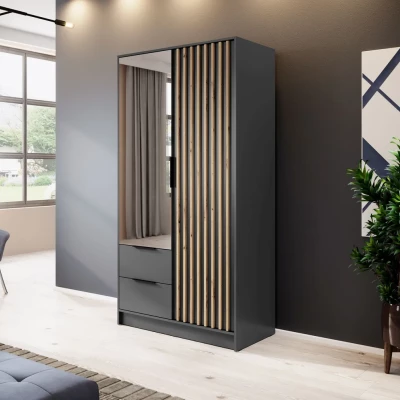Zweitüriger Kleiderschrank mit Spiegel MARFA – Breite 105 cm, Graphit/Eiche handwerklich gefertigt