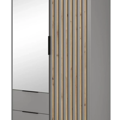 Zweitüriger Kleiderschrank mit Spiegel MARFA – Breite 105 cm, Grau/Eiche handwerklich.