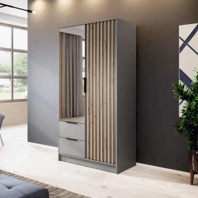 Zweitüriger Kleiderschrank mit Spiegel MARFA – Breite 105 cm, Grau/Eiche handwerklich.