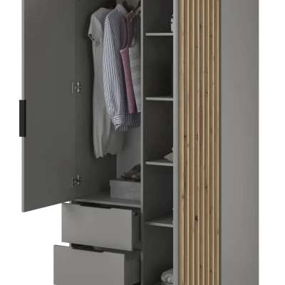 Zweitüriger Kleiderschrank mit Spiegel MARFA – Breite 105 cm, Grau/Eiche handwerklich.