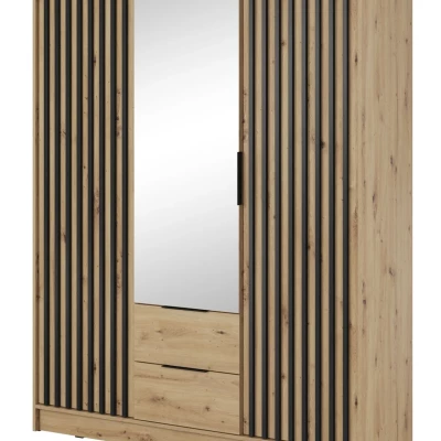 Dreitüriger Kleiderschrank mit Spiegel MARFA – Breite 155 cm, Eiche handwerklich / schwarz
