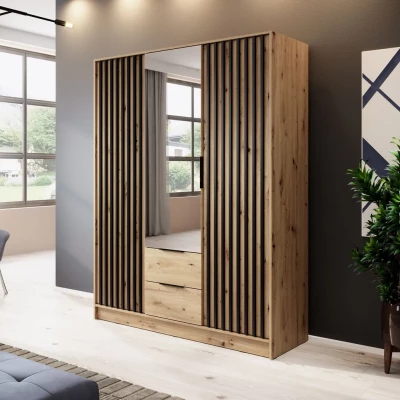 Dreitüriger Kleiderschrank mit Spiegel MARFA – Breite 155 cm, Eiche handwerklich / schwarz