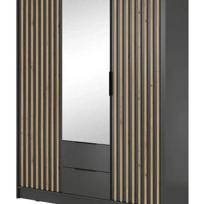 Dreitüriger Kleiderschrank mit Spiegel MARFA – Breite 155 cm, Graphit/Eiche handwerklich gefertigt