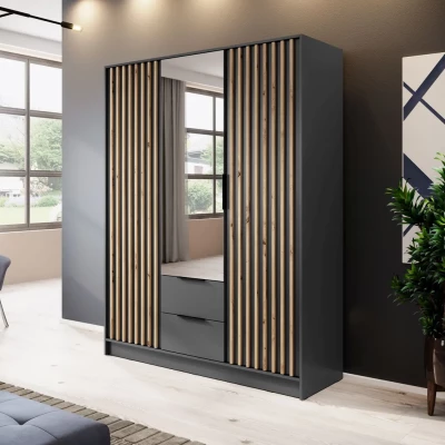 Dreitüriger Kleiderschrank mit Spiegel MARFA – Breite 155 cm, Graphit/Eiche handwerklich gefertigt