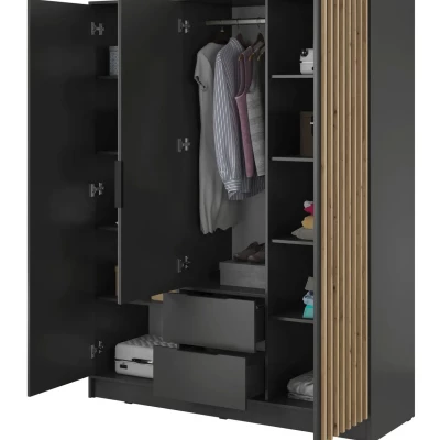 Dreitüriger Kleiderschrank mit Spiegel MARFA – Breite 155 cm, Graphit/Eiche handwerklich gefertigt
