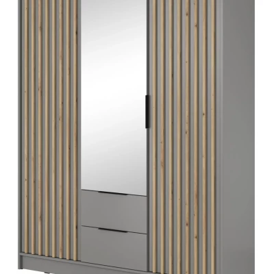 Dreitüriger Kleiderschrank mit Spiegel MARFA – Breite 155 cm, grau/Eiche handwerklich.