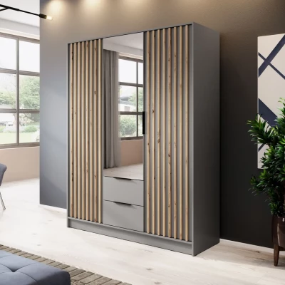 Dreitüriger Kleiderschrank mit Spiegel MARFA – Breite 155 cm, grau/Eiche handwerklich.