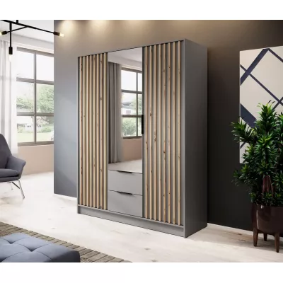 Dreitüriger Kleiderschrank mit Spiegel MARFA – Breite 155 cm, grau/Eiche handwerklich.