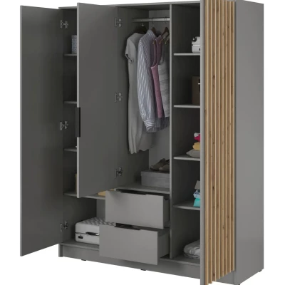 Dreitüriger Kleiderschrank mit Spiegel MARFA – Breite 155 cm, grau/Eiche handwerklich.