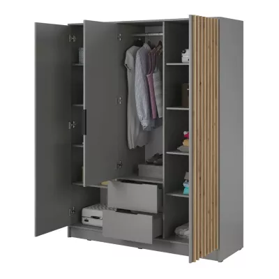 Dreitüriger Kleiderschrank mit Spiegel MARFA – Breite 155 cm, grau/Eiche handwerklich.
